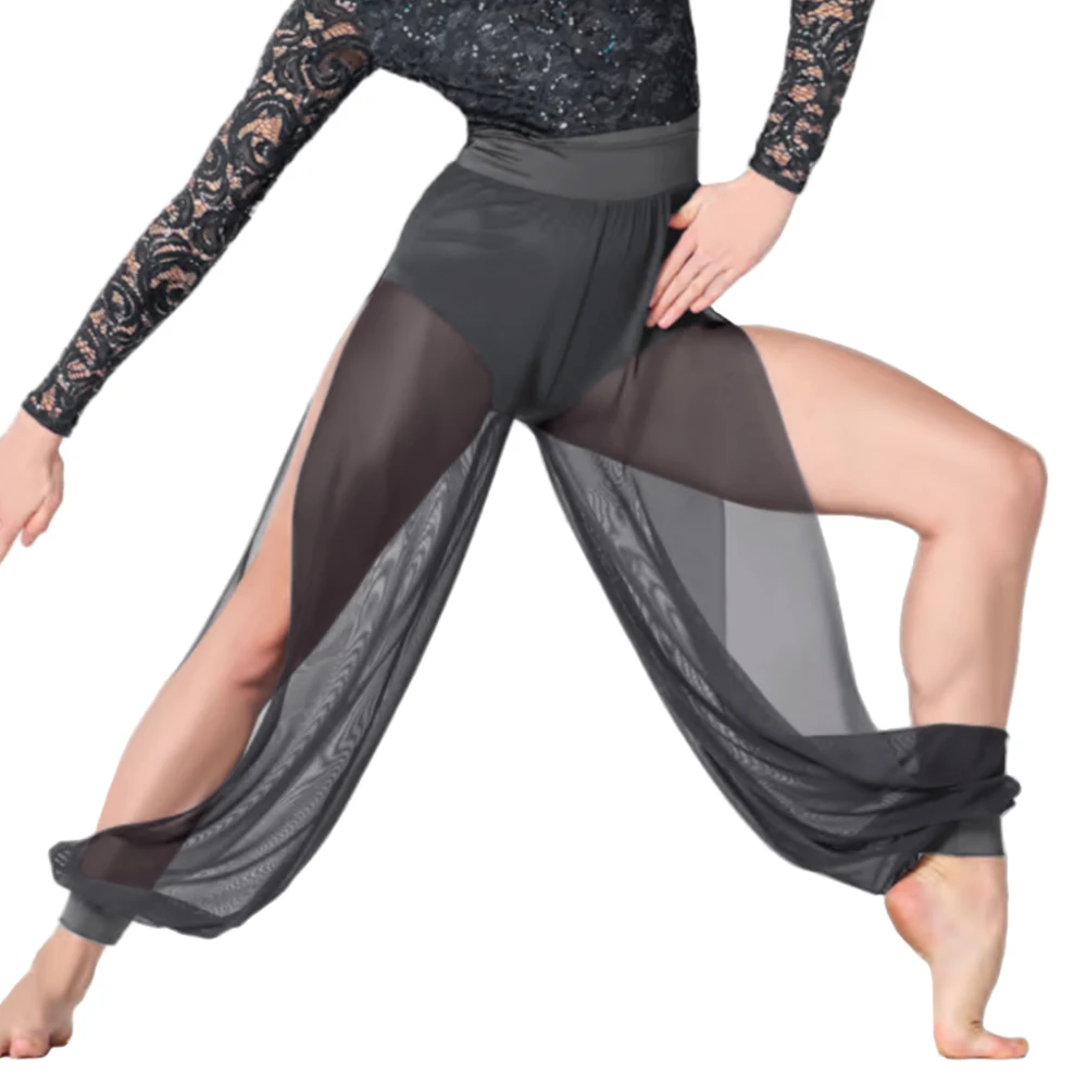 Dance Sport Pants High Waist Puff Legs with Side Splits Breathable Quick Dry Cropped Pant Modern Lyrical Wear without Leotard