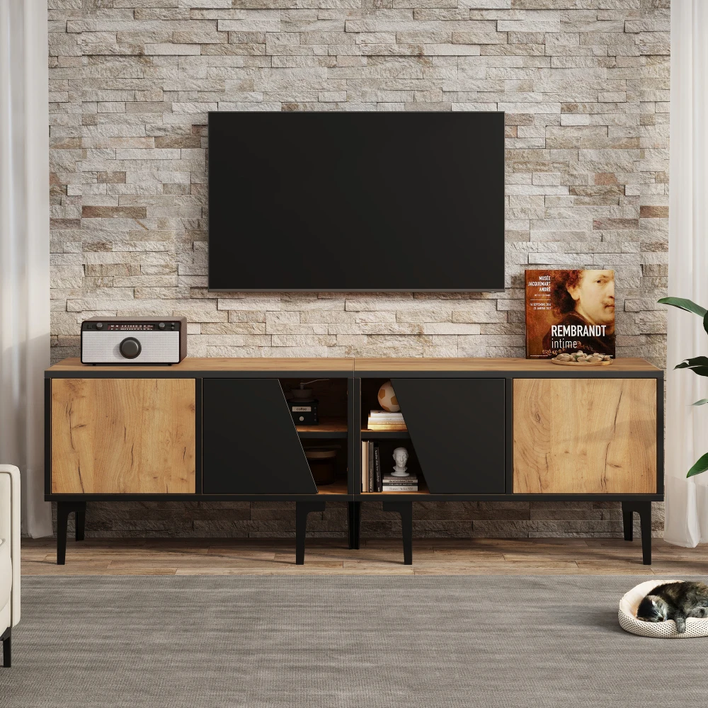Mobile TV moderno e minimalista, in legno naturale, con 4 scomparti per riporre oggetti, 7 gambe di supporto, dimensioni 160 x 36,5 x 45 cm, ideale per il soggiorno, adatto a televisori da 65 pollici,