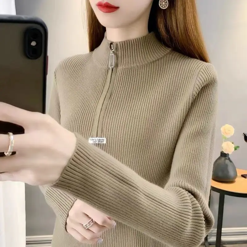 Autumn and Winter Women's Solid Color Half High Neck Long Sleeve Knitted Pullover Zipper Loose Plus Size Fashion Casual Tops