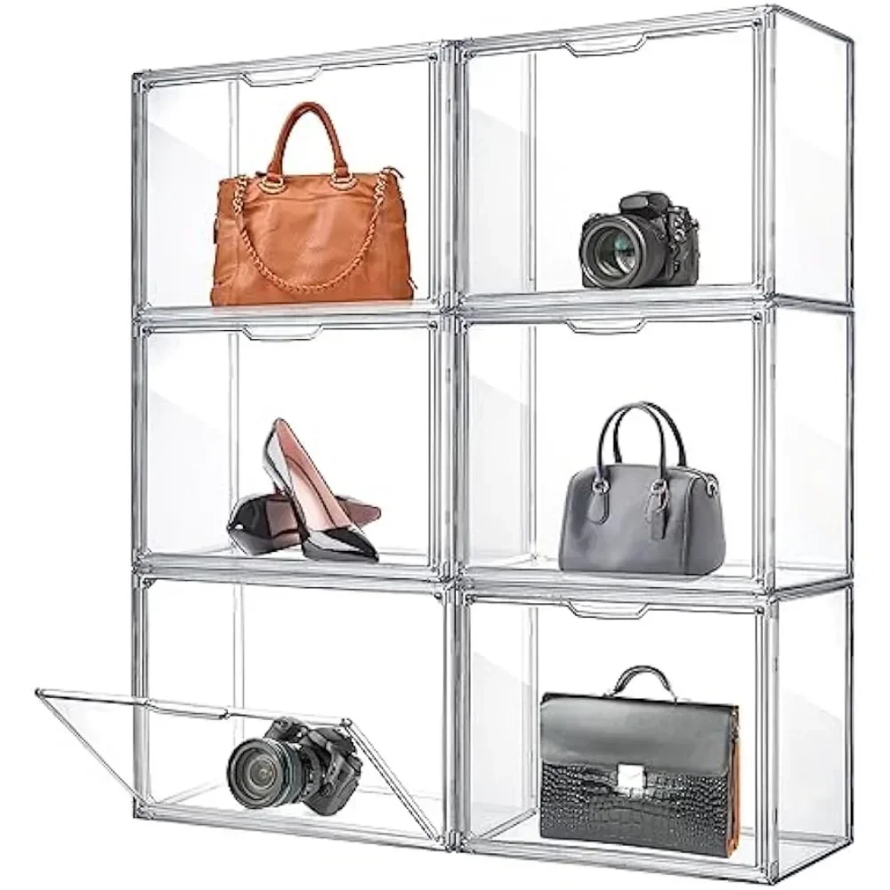 Geetery 6 Pack Large Acrylic Display Case with Magnetic Door Clear Purse Handbag Storage Box Plastic Storage Organizer