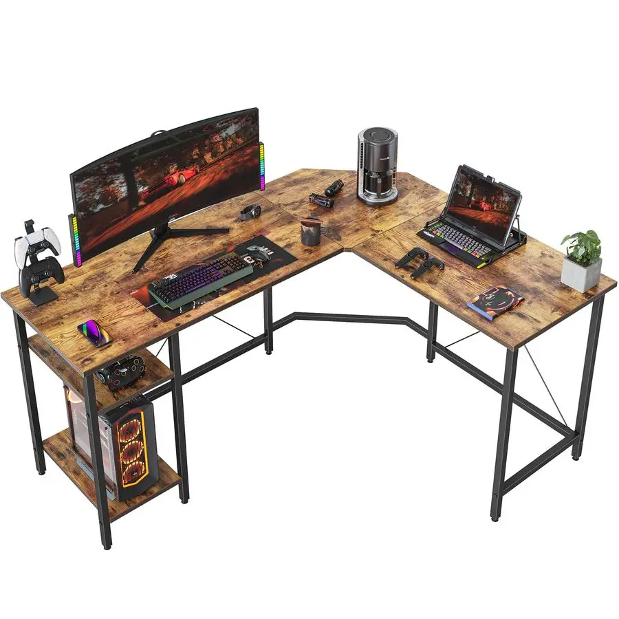 

L Shaped Desk, 59.1 Inch Reversible Corner Desk with Storage Shelves, Home Office Desk for Writing Gaming Study, Warm Brown