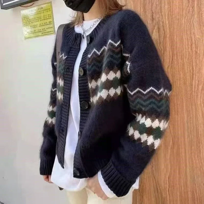 

Autumn Winter New Women Knitted Cardiga Casual Crew Neck Long Sleeve Sweater Casual Elegant Coat Korean Style Sweet Knitwear