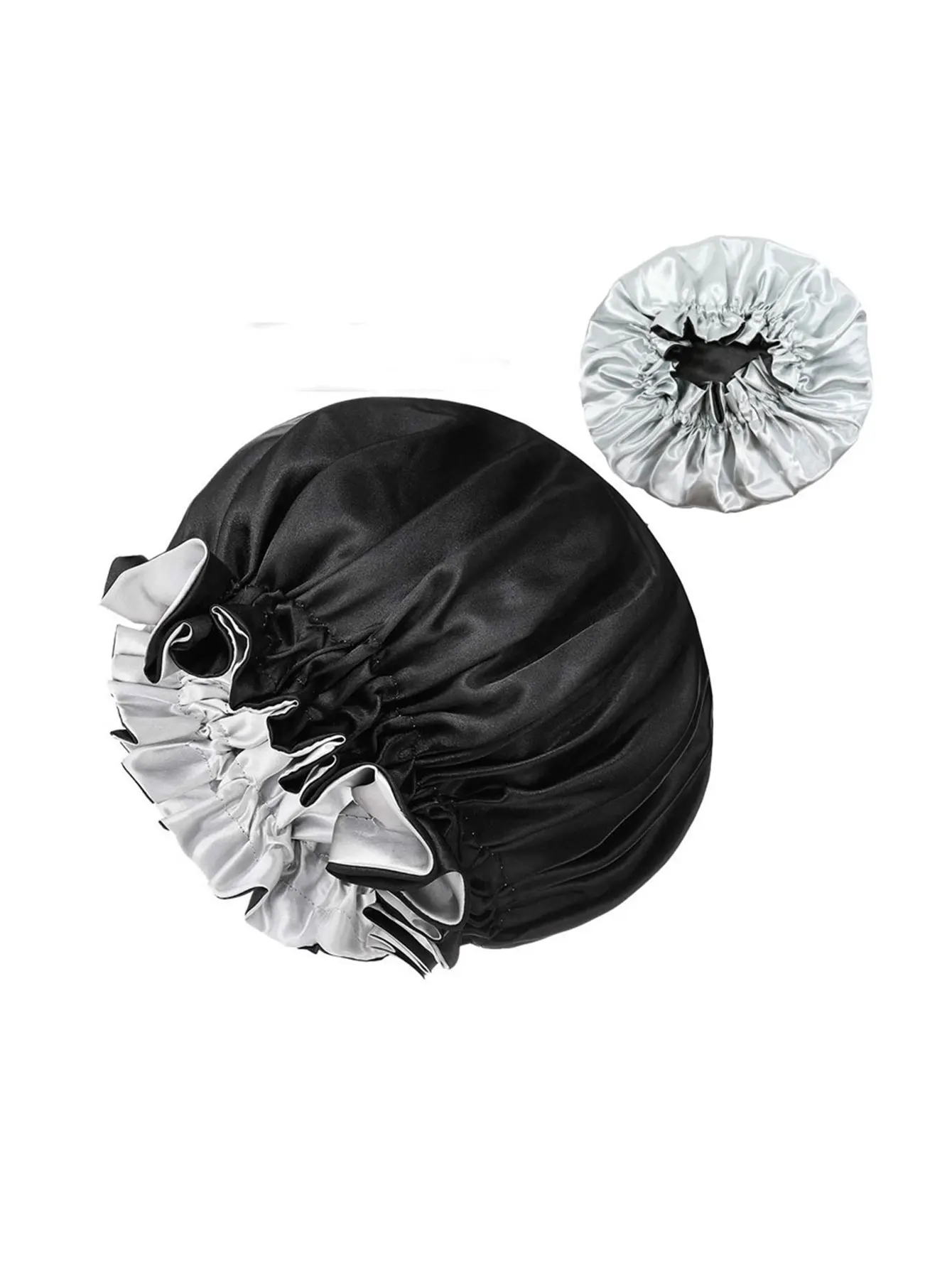 1 Stück zweifarbige Satin-Hut-Seidenhaube zum Schlafen, Satin-Hauben, doppellagige, wendbare Haarkappe, Motorhaube für Frauen, langes, lockiges Geflecht – Detail 7