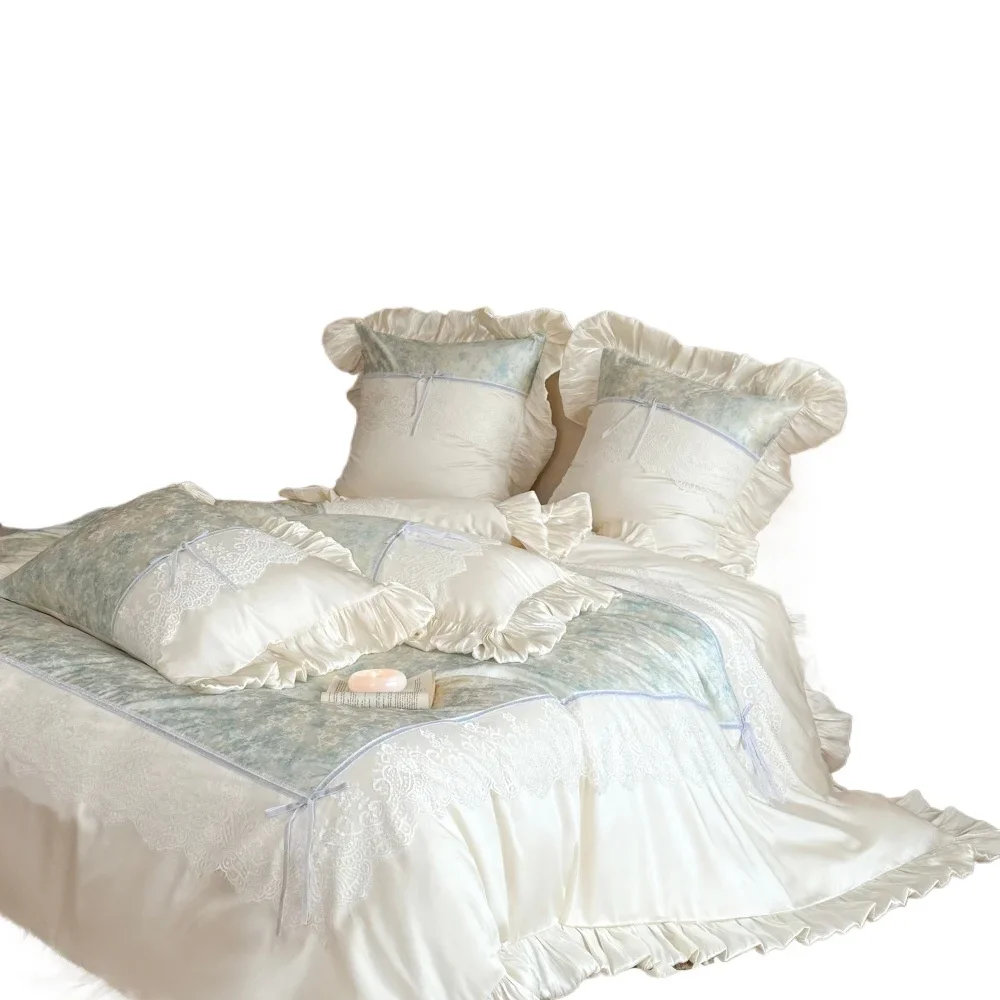 Romantic small and fresh Class A 100S Tencel cotton four-piece set, cool and soft lace quilt cover in summer, bed cover