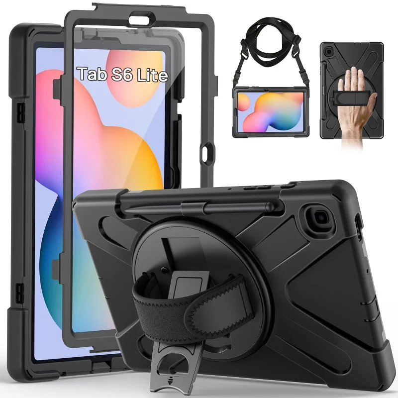 Case For Samsung Tab S6 Lite Tablet Heavy Duty Shockproof Protective Rotating Stand Hand Strap Holder Black Case Fundas