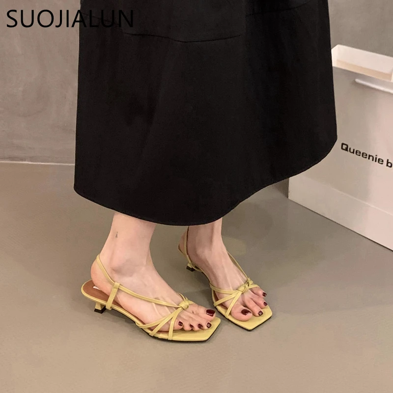 SUOJIALUN 2024 Summer New Brand Women Sandal Shoes Fashion Narrow Band Ladies Elegant Slides Med Heel Outdoor Gladiator Shoes