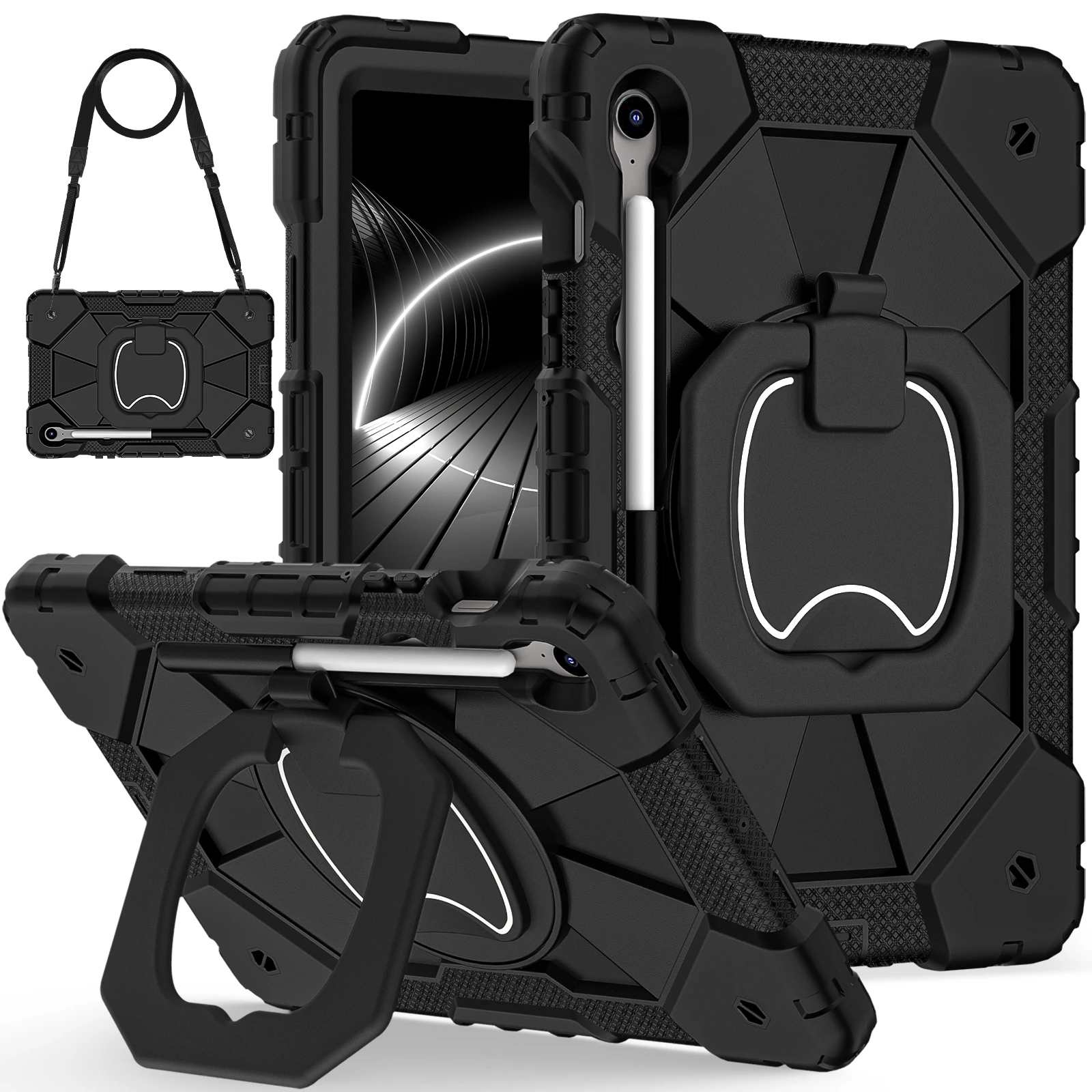 

For Samsung Galaxy Tab S10 FE / S9 FE / S9 Case Silicone + PC Kickstand Tablet Cover - Black / Black