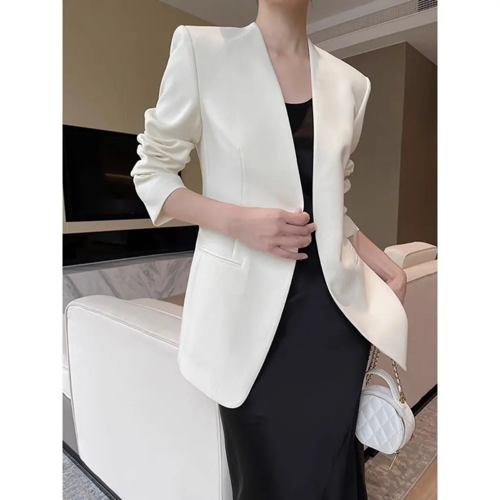 

White Acetate Fabric Suit Jacket for Women Casual V Neck Loose Elegant Top J-Sense New Manufacturer Wholesale Ready Stock