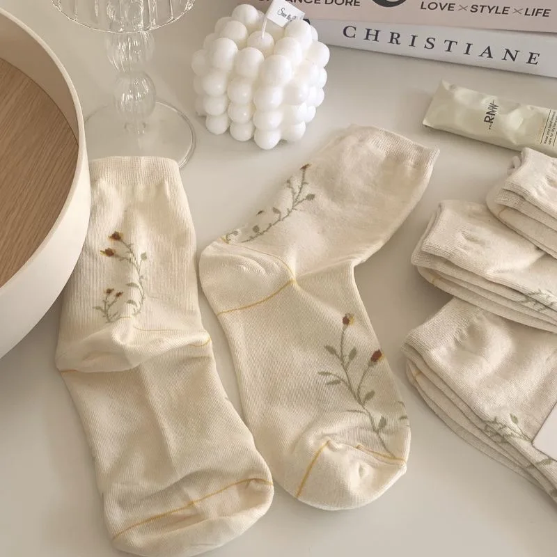 

Autumn Winter Women's Socks Milk Apricot Tulip Solid Color Mid-tube Sock Cotton Bow Sweet Style Long Tube Girls' Gift Harajuku