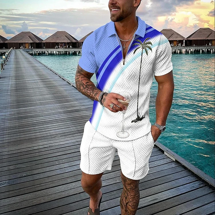 New Summer Beach Coco 3D Printed Men\'s Sweatsuit set Casual Zipper Collar Polo Shirt And Shorts 2pcs Sets Fashion Man Clothing