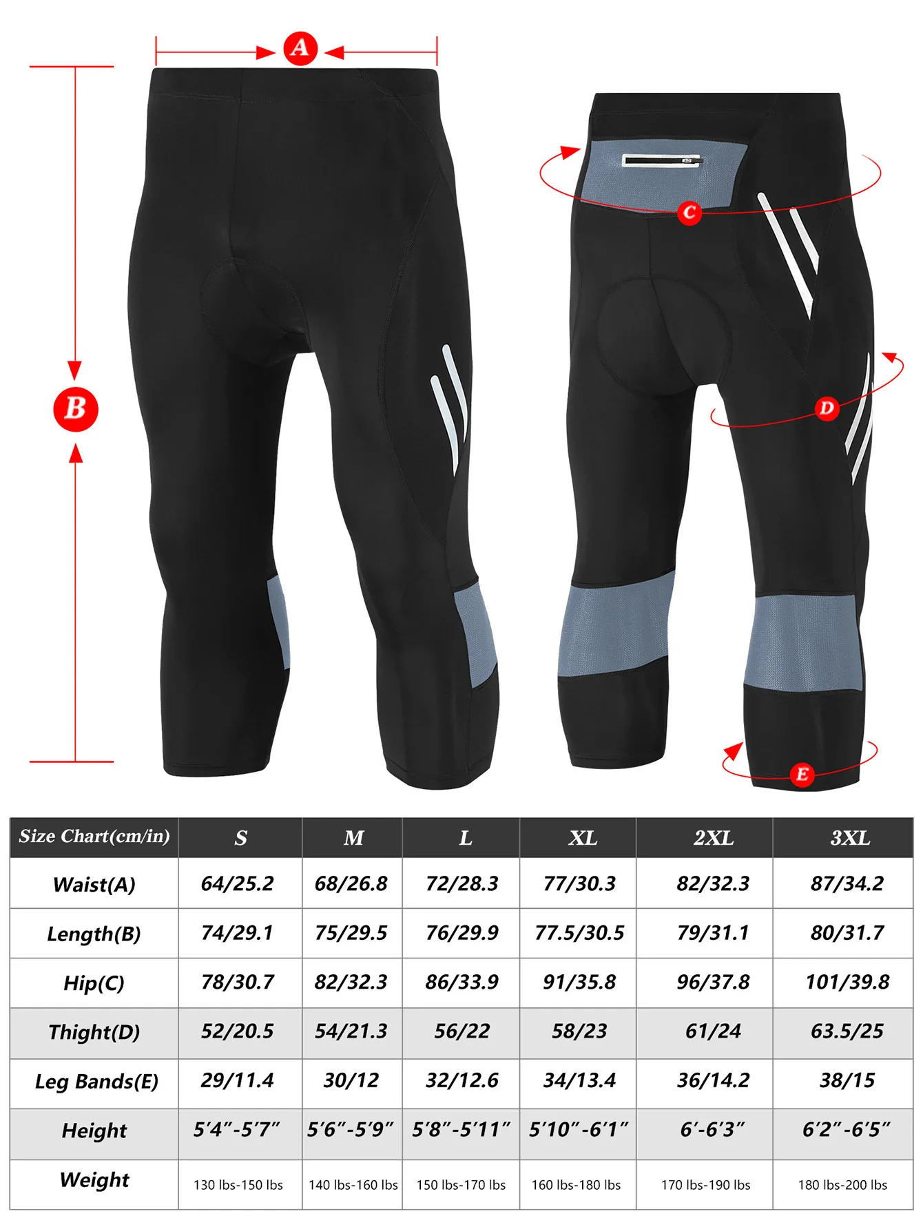 Men Cycling Cropped Pants Moisture Wicking Breathable Gel Padded Bike Active Wear Sweatpants