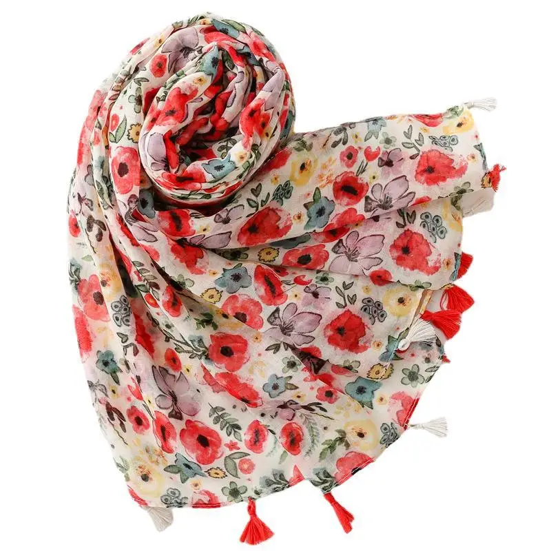 Châles à pampilles à motif coquelicot pour femmes, écharpe à imprimé floral, foulard doux, rond, hijab, printemps, 2024