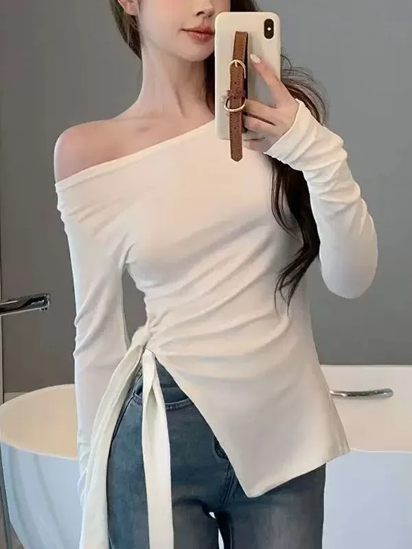 Asymmetric Long Sleeve T-Shirt Women's Slim Fit Base Shirt High Waist Commute Style Korean Version Pure Desire Side Shoulder ...