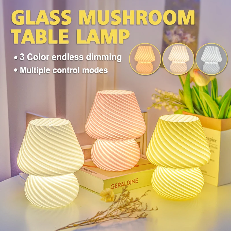 

Mushroom Table Lamp Creative Bedroom Bedside Lamps Stained Glass Night Light Plugged in Study Living Room Decor Desk Lamps