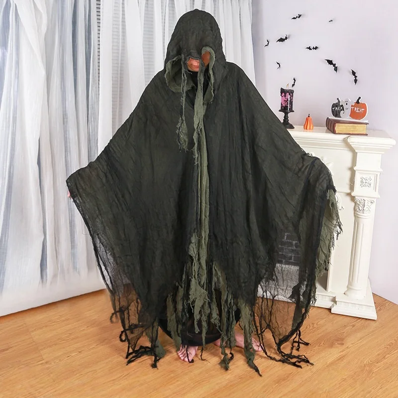 Horror Grim Reaper Cosplay Set Fringed Worn Hooded Cloak Disassemble Skull Scythe Prop For Halloween Party Dress Up