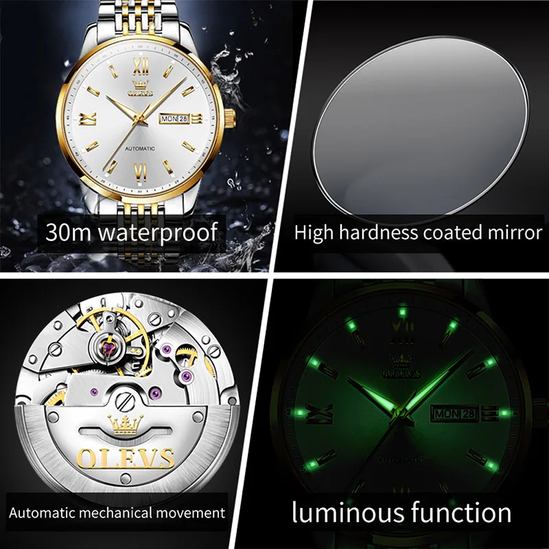 OLEVS New Men Mechanical Watch Fully Automatic Luxury Clock Top Brand Luminous 30M Waterproof Weekly Calendar Display Reloj 6777