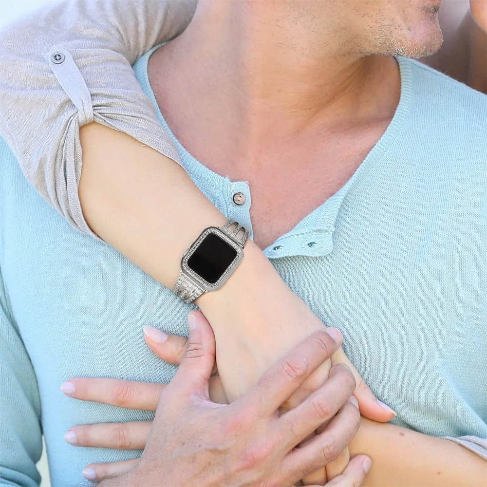 Diamond Case + Leather Strap for Apple Watch 45mm 41mm 44mm 40mm 42mm 38mm Ultra 49mm Women Metal Bracelet iWatch 8 7 6 5 4 3 SE