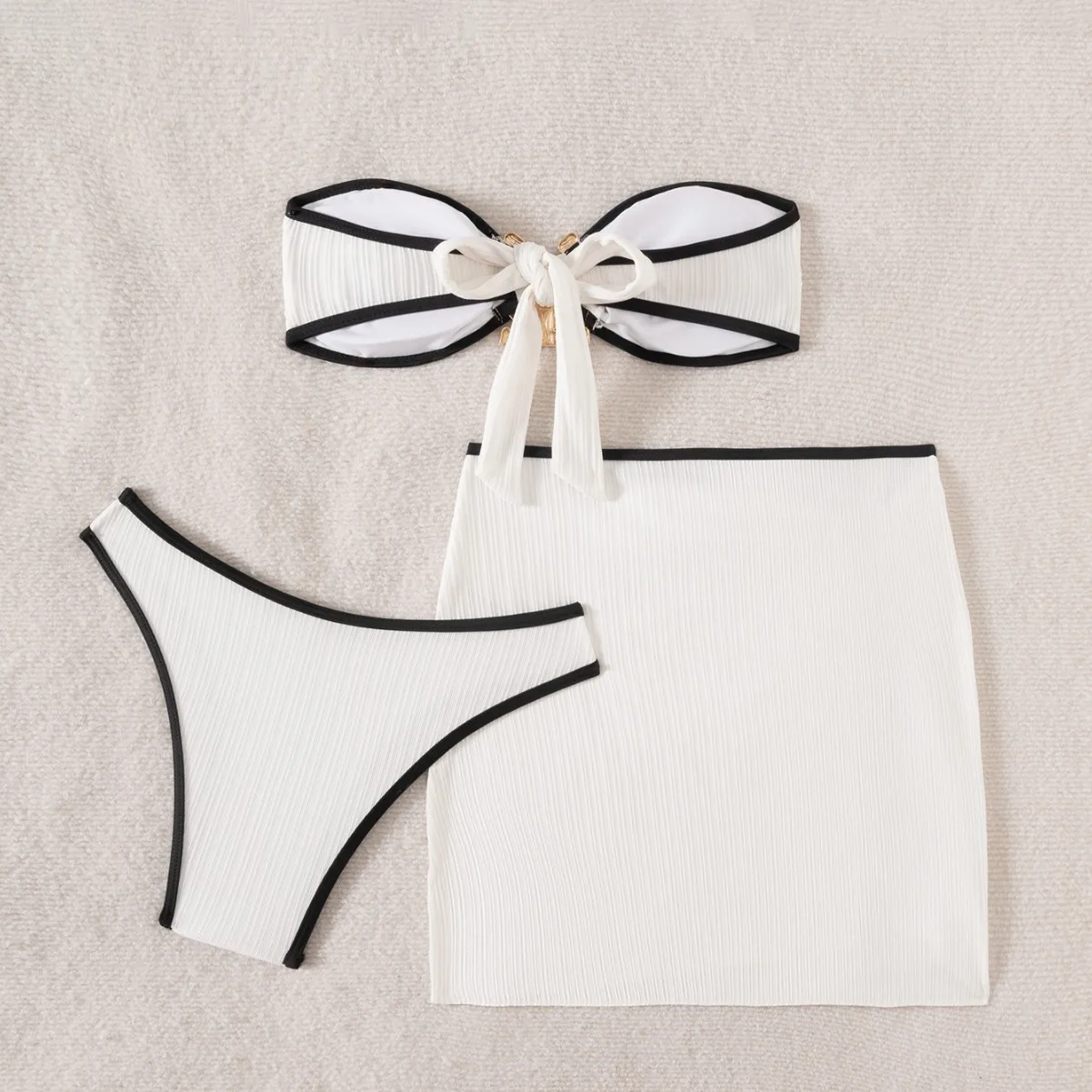 Conjunto de Bikini con parte superior de tubo para mujer, traje de baño Sexy de 3 piezas con joyería de Metal, traje de baño dividido de Color sólido, blusa, traje de baño de moda de verano para playa