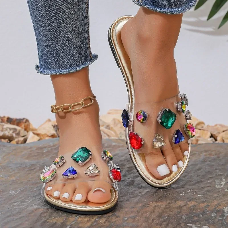 2024 Summer Slippers Women\'s Slippers Fashionable Luxury Slippers Rhinestone Flat Bottom Beach Transparent PVC Women\'s Shoes