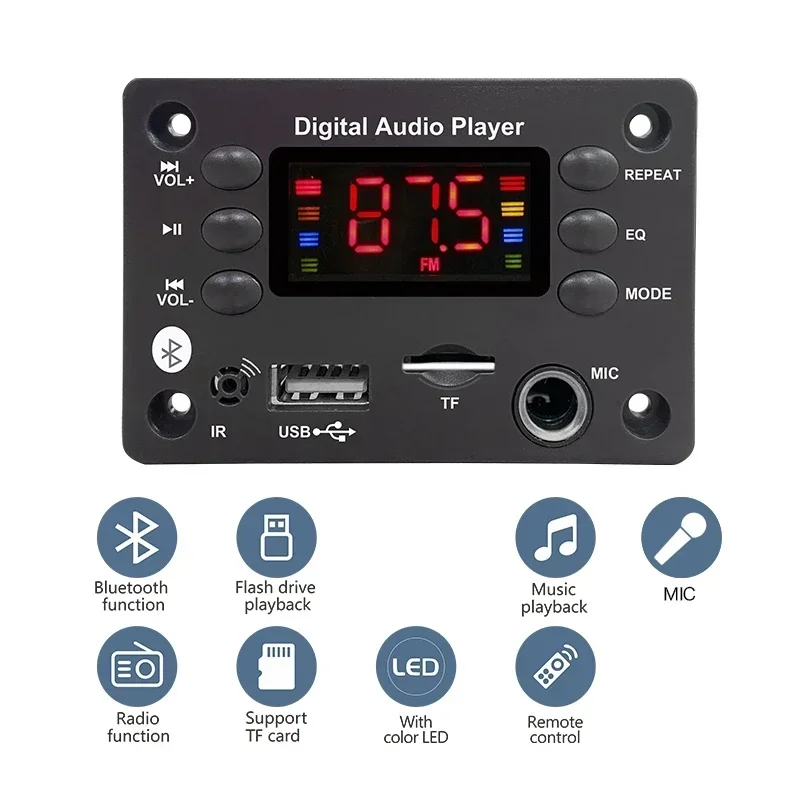 

DC 5V 12V Bluetooth 5.0 MP3 WMA WAV APE Decoder Board Hands-free Car Audio Microphone USB TF FM Radio Mp3 Music Player Speaker