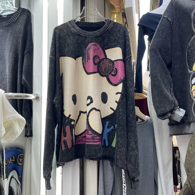 Autumn New Heavy Craft Versatile Cartoon Retro Distressed Style Sweatshirt Top Loose Mid-Length Oversized Jacket Sudaderas Mujer