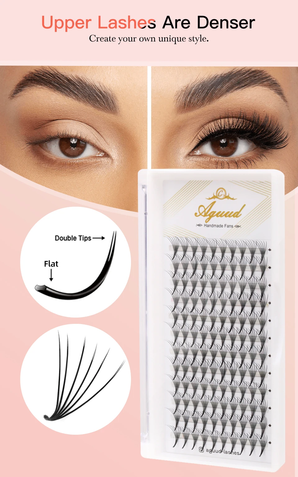 AGUUD Kamelien-Volumen-Wimpern, vorgefertigt, weich, doppelseitig, flach, 3D 4D 5D 6D, tiefschwarz, Wimpernverlängerung – Detail 4