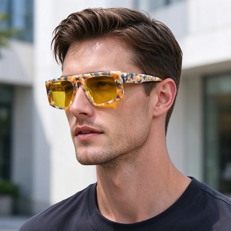 New Retro High Quality Acetate Irregular Thick Frame Tortoiseshell Sunglasses Men Women Yellow Lens UV400 Driving Eyewear