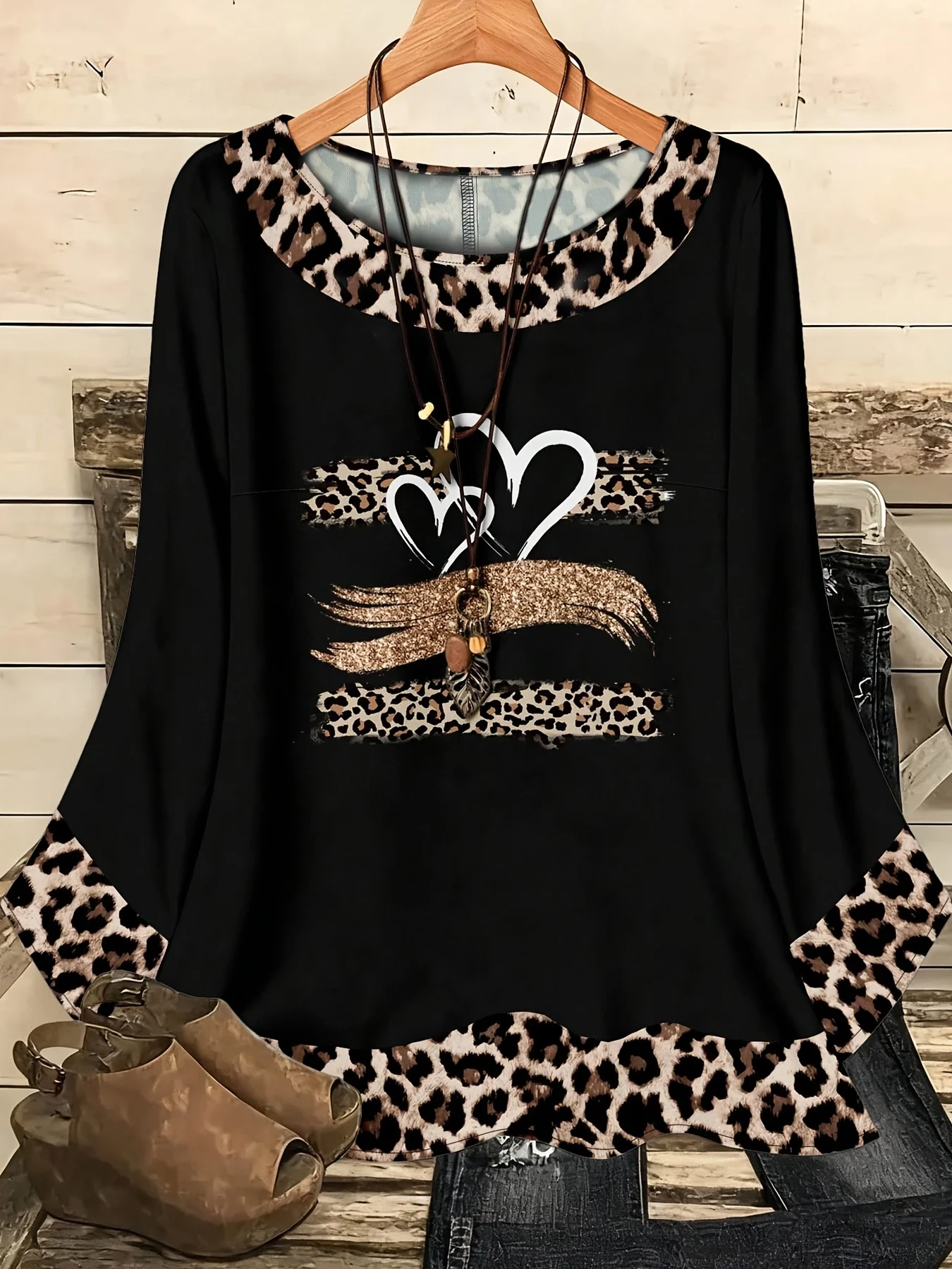 Plus Size Women's Spring Summer Love Day Leopard Trim Edge 7/8 Sleeve Shirt French Romantic Beach Honeymoon & Candlelight Dinner