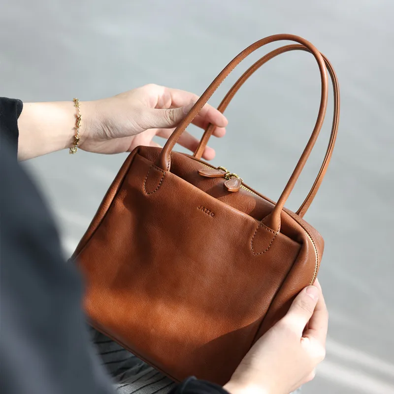 Women Casual Style Handbag Luxury Genuine Leather Small Size Zipper Tote Portable And Practical Soft Square Bags