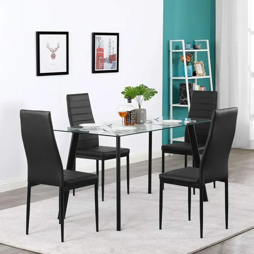 Black Dining Chair Set of 4, Leather Dining Chairs with Curved Back & Foot Cap Protection for Dining Kitchen Living Room