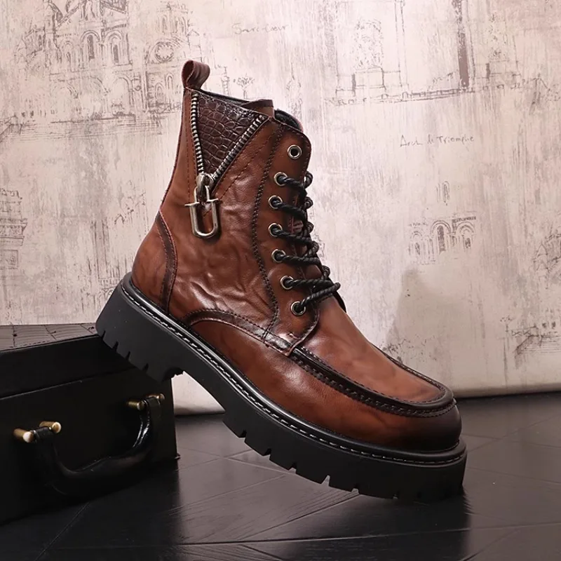 Fashionable Trendy Young Men's Boots High Top Casual Thick Soled Men Leather Ankle Boots for Men Retro Short Boots