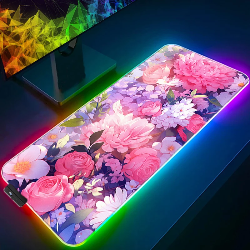 RGB LED Mouse Pads Desk Mat Protector Gaming Vintage Flower Pattern Mousepad Office Table Decor Keyboard Pad Computer Gamer Mats