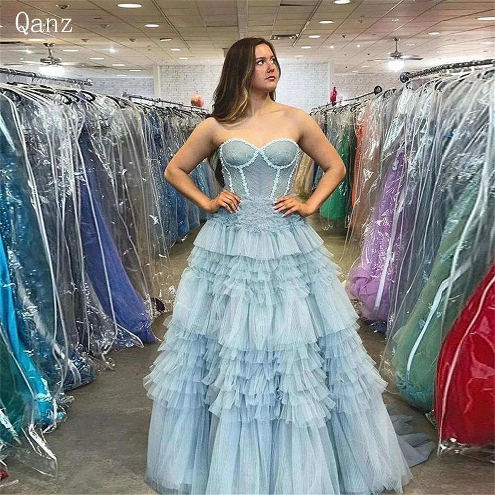 Qanz Princess Evening Dresses Elegant Dirty Blue Tiered Ruched Party Dresses Lace Up Back Long Vestidos De Festa Customized