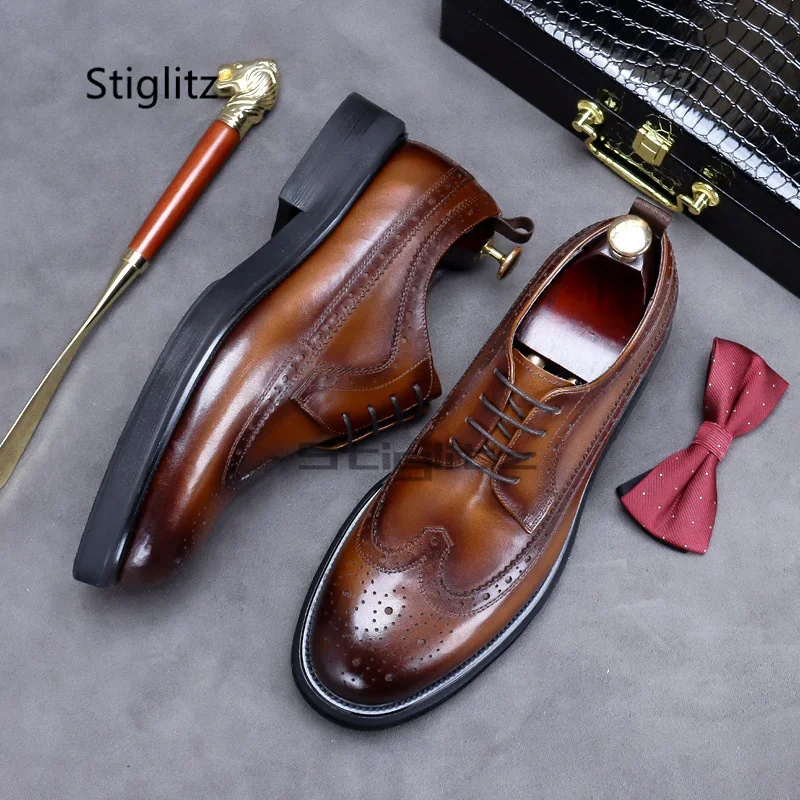 

Cow Leather Dress Men's Shoes Cowhide Brogue Lace Up Business Shoes Casual British Style Korean Brown Black Male Shoes New In