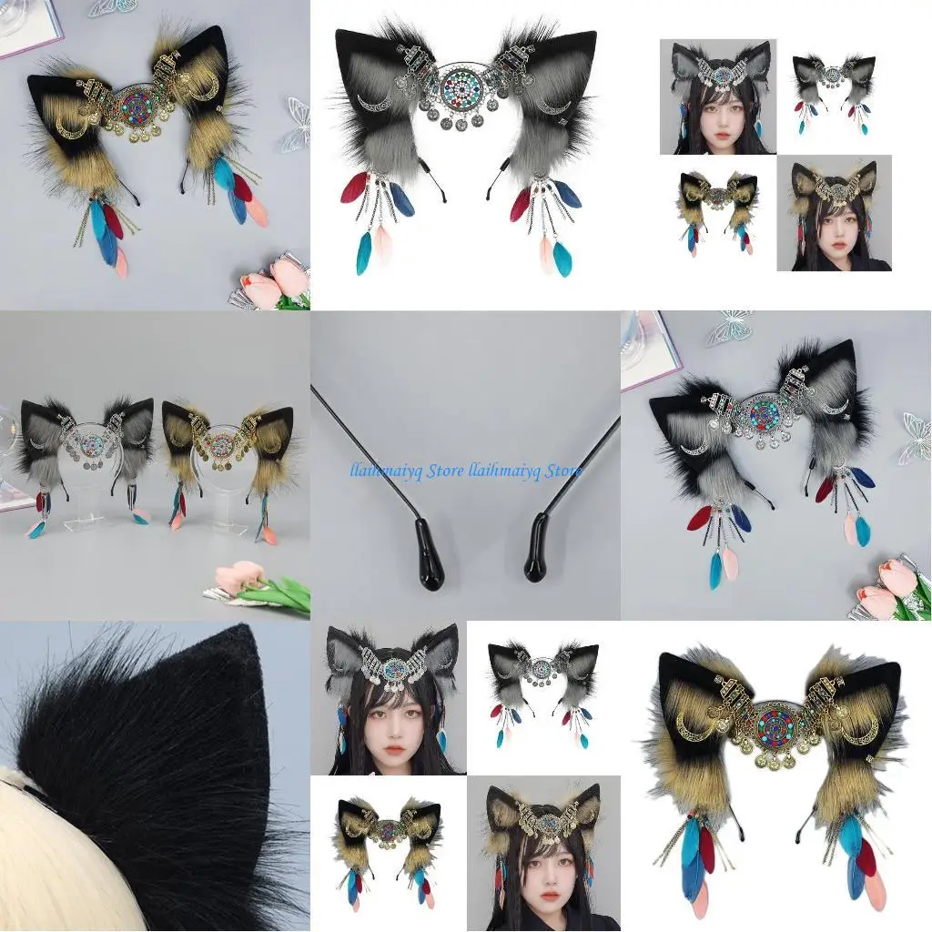 

573B Girls Anime Hairhoop Plush Ear Hairband Cosplay Ancient Tassel Headdress Women Comic Show Headwear