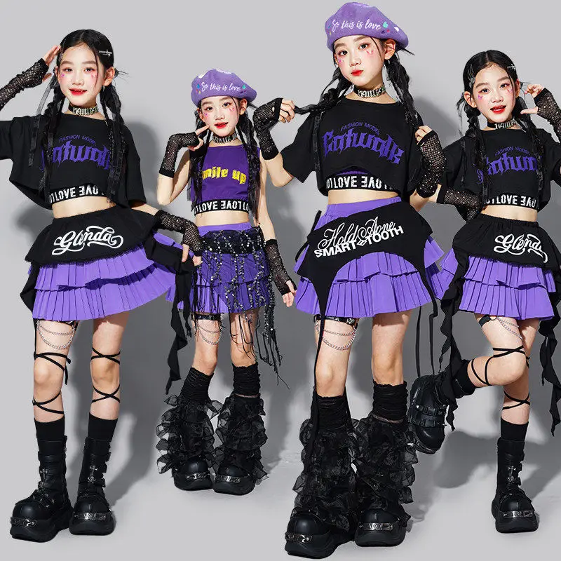 

Костюм для выступлений K-pop для девочек, одежда для джазовых танцев, черный укороченный топ, фиолетовая плиссированная юбка, модный сценический костюм AMY3384