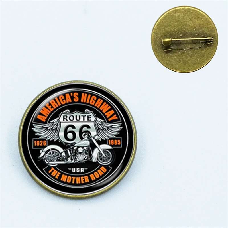 New Classic US Route 66 Brooch Pin Jewelry Art Photo Glass Dome Cabochon Lapel Pins Brooches Badges Gifts For Men Women