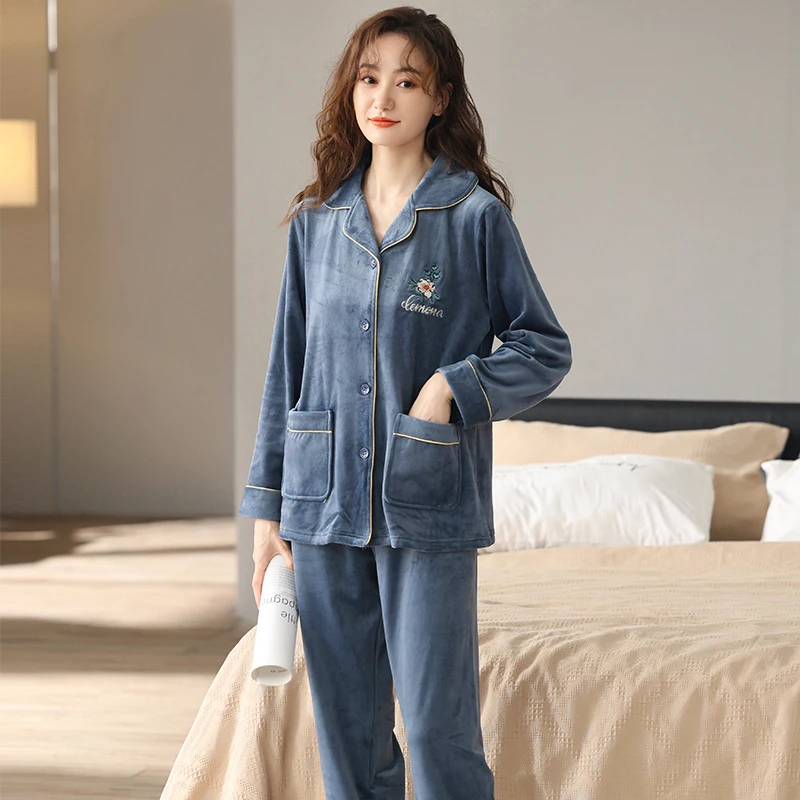 

Autumn Winter Women Pajama Set Ruffled Warm Coral Flannel Sleepwear Solid Female Thick Turn-down Collar Nightwear