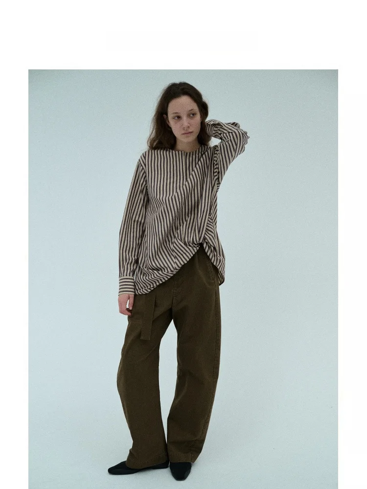 Leonora Yang Original Design Loose Fit Cotton Long Sleeve Women's Shirt Autumn Season Comfortable Breathable Striped Pattern