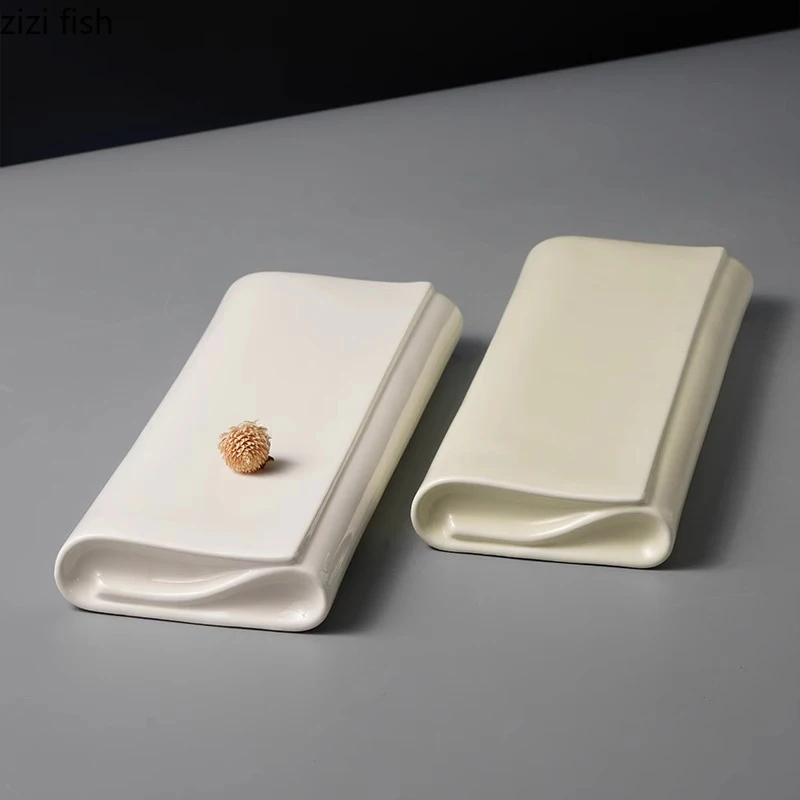 Solid Color Ceramic Folding Long Plate Restaurant Sushi Plate Dessert Plate Snack Plates Molecular Cuisine Specialty Tableware