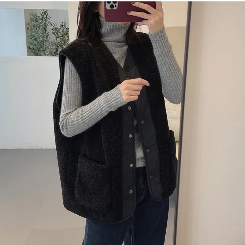 Deeptwon Vintage Winter Padded Vest Women Lamb Wool Double-sided Sleeveless Mustang Jacket Oversize Korean Style Streetwear