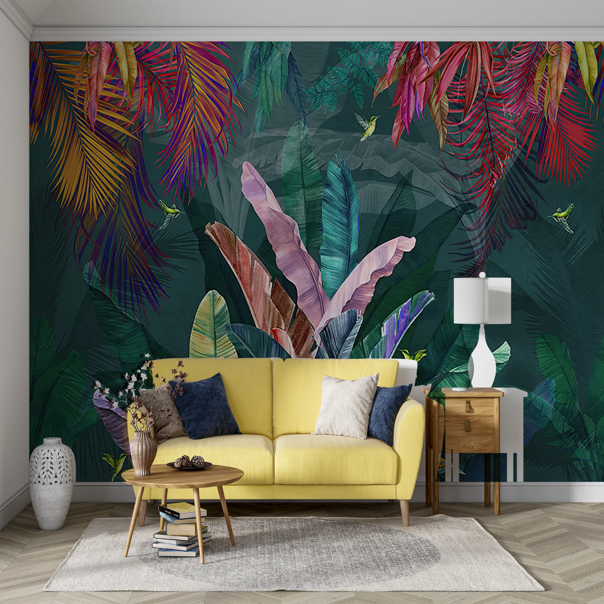 Custom Self‑Adhesive Wall Mural Colorful Tropical Jungle Banana Leaf Hummingbird Wallpaper Exotic Foliage for Living Room Bedroo