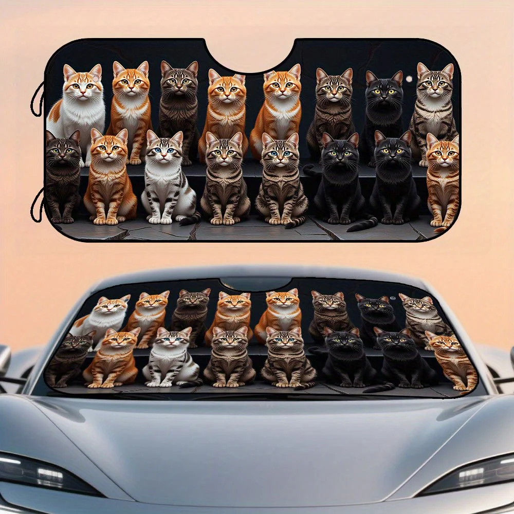 1pc Classic Cats Portrait Print Foldable Windshield Sunshade For Cars - Suction Cup Design For Stability, Durable Polyester Fabr