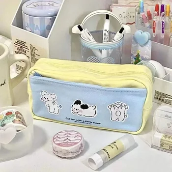 1PC Ins Nette Creme Gelb Blau Cartoon Drei Welpen Bleistift Fall Große Kapazität Schreibwaren Lagerung Tasche Zurück Zu Schule liefert