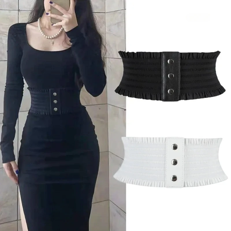 2023 New Design Women\'s Black Elastic Wide Waistband Pu Leather Cummerbund Ladies Designer Overcoat Belt for Women Black White