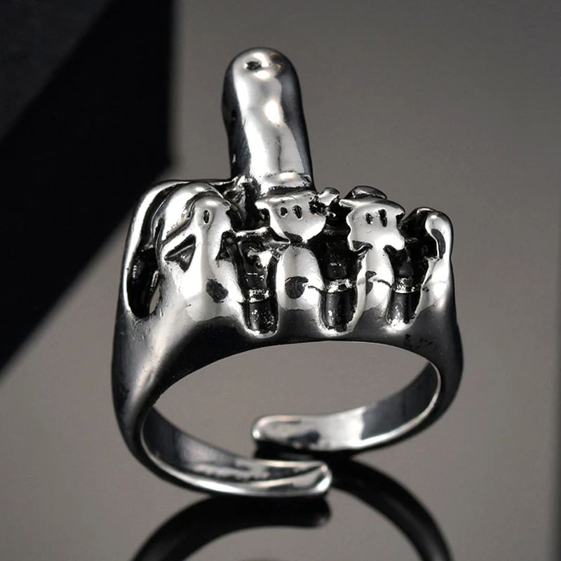 

New Fashion Vintage Silver Color PUNK Rings Popular Retro First Middle Finger Ring Hip Hop Men's Adjustable Jewelry Gift