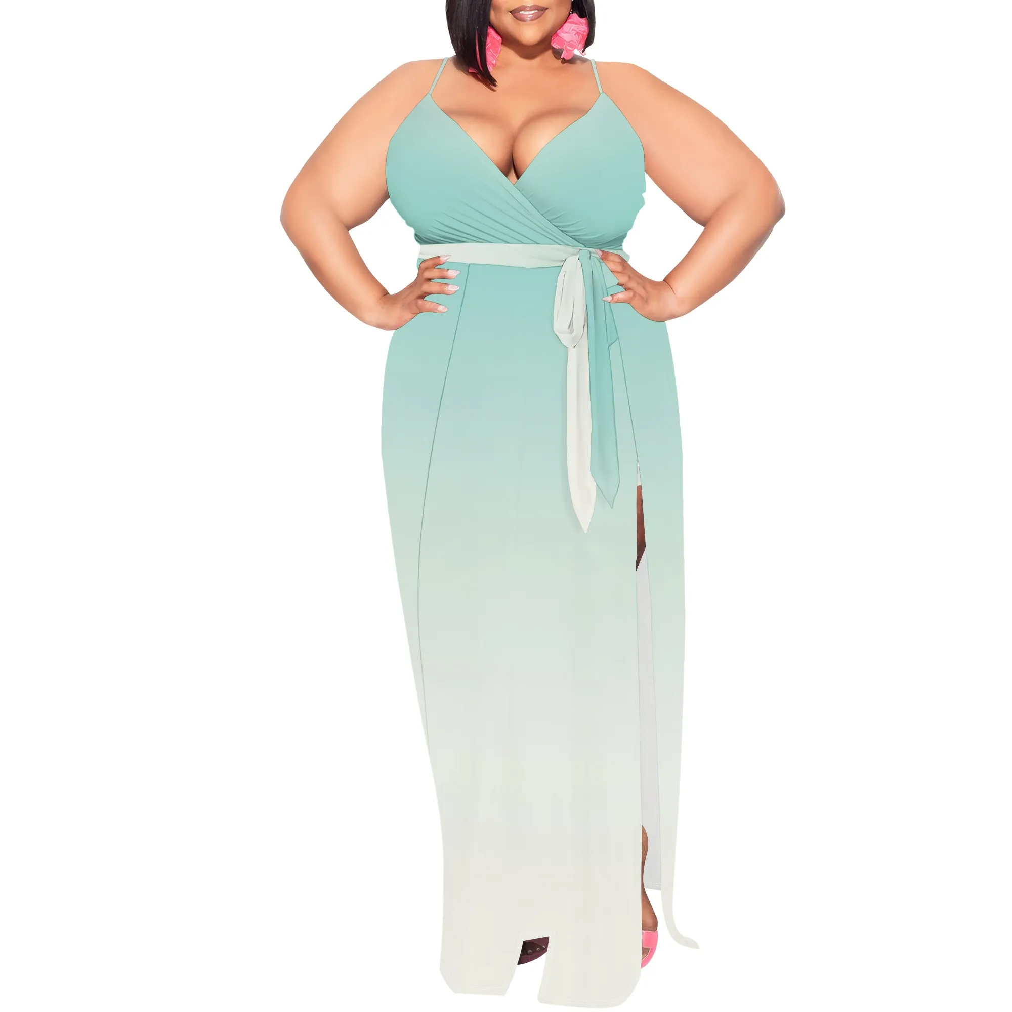 สตรีแขนกุดเซ็กซี่ลึก V คอ Maxi Slit ชุดลําลองฤดูร้อนสีทึบ Beach Sundress ยาว Flowy แยกชุด