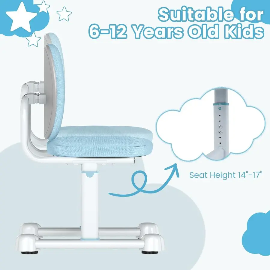 Kids Desk Chair, Ergonomic Student Study Chair with Adaptive Double Backrest, Adjustable Seat Height amp Armless Design, Childre