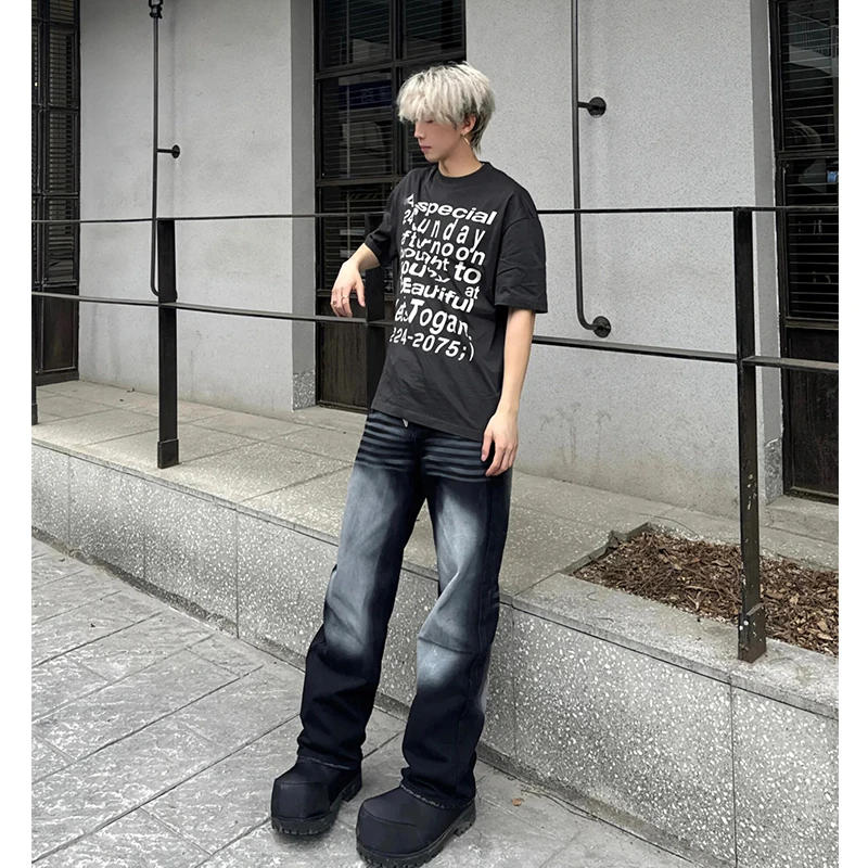 

Waed American High Street Jeans Men Summer High Waist Cool adient Pants Tall Straight Leg Jeans Teenage Cotton Blend Jeans