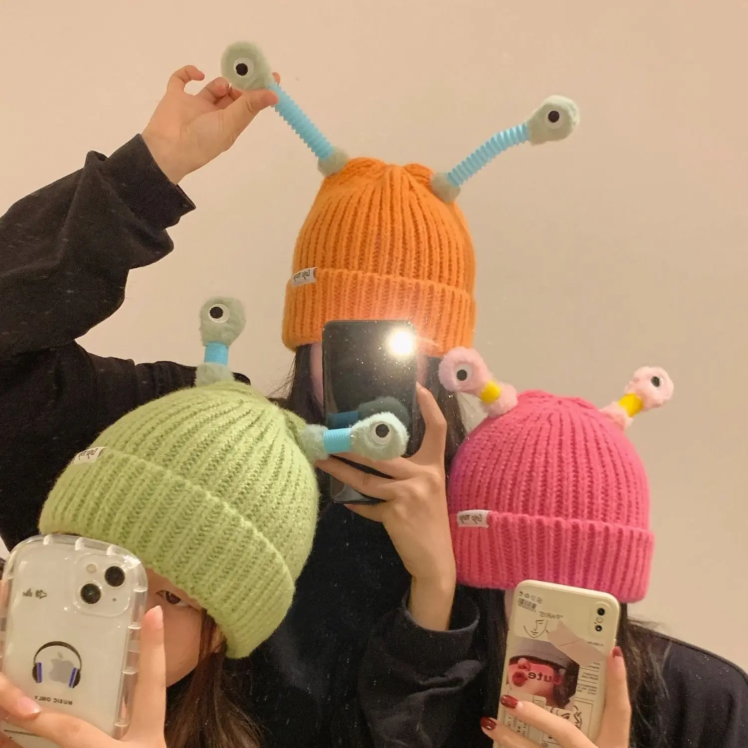 Funny Luminous Led Light Little Monster Eyes Cap Beanie For Women Girls Cute Cartoon Antenna Winter Warm Knitted Woolen Hat